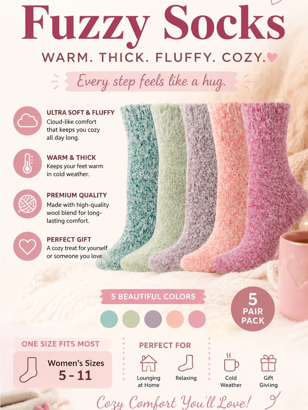 Amazon Women's Fuzzy Socks 5-Pair Pack - Mint Green, Sage, Lavender, Peach, Rose
